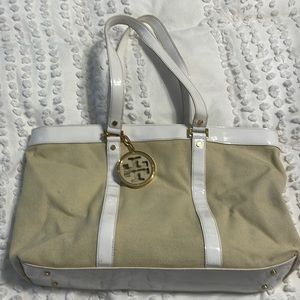 Tory Burch Beige and White Canvas Tote